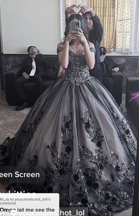 Black Lace Quinceanera Dresses, Black And Silver Ball Gown, Black And Champagne Quince Dress, Masquerade Sweet 16 Ideas Dresses, Black Dress For Quinceanera, Qencenera Dresses Black, Corpse Bride Quinceanera Dress, Purple And Black Quince Dress, Quinceanera Dresses Gray