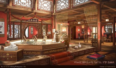 ArtStation - Asian open-air hotel VIP room Chinese Hotel, Japanese Bath House, Chinese Interior Design, Chinese Room, Casa Anime, Chinese Background, Chinese House, Ancient Chinese Architecture, Chinese Interior