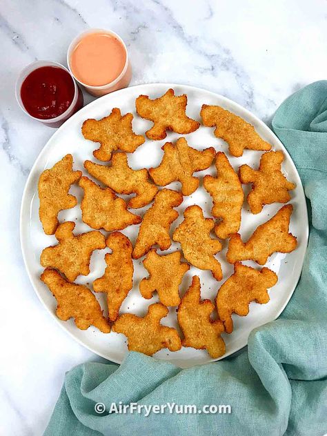 How to make Dino nuggets in the air fryer - Air Fryer Yum Aesthetic Dino Nuggets, Essen, Dinosaur Nuggets Aesthetic, Dino Nuggies Aesthetic, Dino Nugget Aesthetic, Dino Nuggets Air Fryer, Dino Chicken Nuggets Aesthetic, Homemade Dino Nuggets, Mashed Potato Volcano With Dino Nuggets