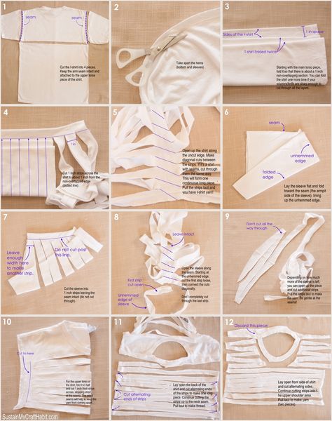 Make your own t-shirt yarn using the whole shirt! Check out the detailed pictorial to use up an entire t-shirt including the sleeves. SUSTAIN MY CRAFT HABIT Projek Mengait, Make Your Own Tshirt, Modern Haken, Yarn Tutorials, Tshirt Rug, Tshirt Crafts, Fabric Yarn, Old T Shirts, Diy Rug