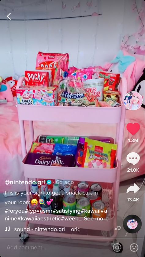 Kawaii, Snack Cart Kawaii, Snacks In Bedroom, Kawaii Snack Cart, Snack Closet, Sleepover Plans, Snack Stash, Food Trolley, Sleepover Beds