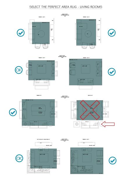 Living room area rug sizes - two options of rug sizes per living room furniture grouping Rug Size Guide Living Room, Area Rug Size Guide, Rug Rules, Home Decorating Ideas Living Room, Rugs Layout, Area Rug Placement, Living Room Rug Placement, Living Room Rug Size, Rug Over Carpet