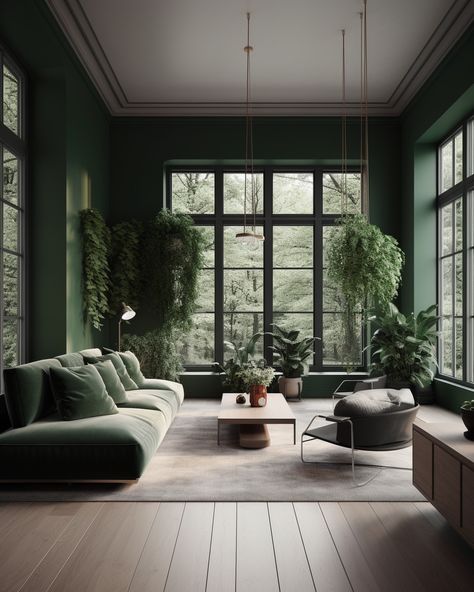 Green Interior Aesthetic, Green Living Room Designs, Modern Green Living Room, Interior Design Green, Green Sofas, American Interior Design, Peaceful Interior, Lounge Room Styling, Modern Appartement