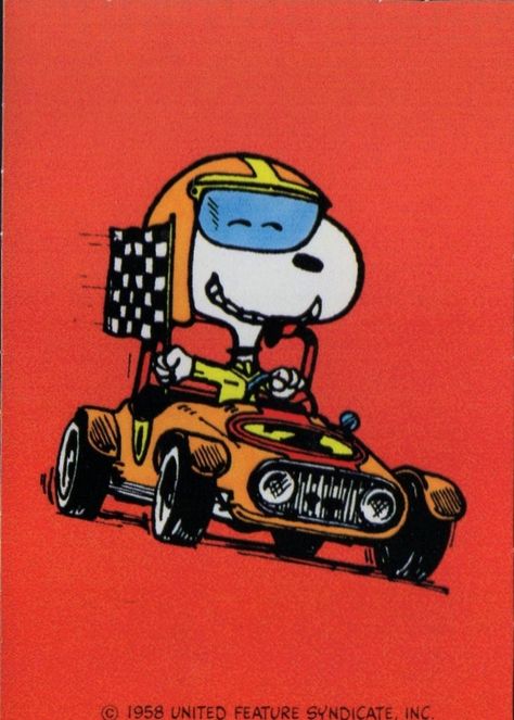 "HAVE A GREAT VALENTINE'S DAY FROM START TO FINISH! This vintage Valentine's Day card features the Peanuts character Snoopy holding a checkered flag while driving a race car. Give this to someone special or, keep it for your collection. You could also re-purpose this in a paper craft project or use it as a vintage Valentine decoration or part of a display. WITH Envelope. UN-used. This is an original, new-old-stock vintage Valentine card. It is NOT a copy, a reproduction or a download. 2 3/4\" x 4\" Design appears on one side, greeting on reverse. By Hallmark." Snoopy Race Car, Car Valentines Card, F1 Valentine Cards, Snoopy Driving, Car Valentine, Greetings From, Snoopy Vintage, Vintage Valentines Decorations, Snoopy Valentine