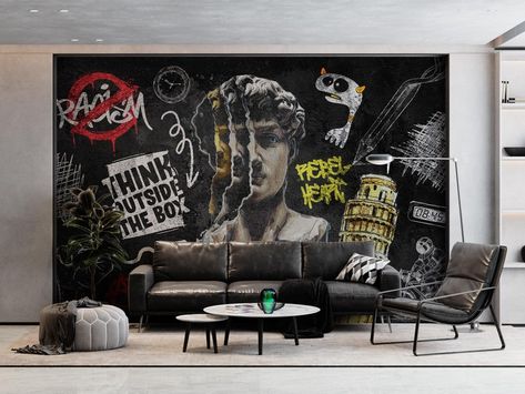 Renaissance Wallpaper Graffiti Wallpaper Urban Wallpaper - Etsy Polska Environmental Wall Art, Home Graffiti Wall, Street Art Room Decor, House Graffiti Wall Art, Man Cave Wall Mural, Graffiti Wall Living Room, Graffiti House Decor, Graffiti Collage Art, Graffiti Wall Art Interior Design