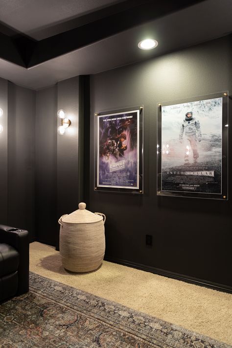 Our Finished Home Theater - Crazy Wonderful Theatre Snack Bar, Theatre Rooms, Theatre Room Ideas, Small Home Theater, Modern Media Room, Home Theater Ideas, Theater Room Decor, Home Theater Room Design, Theater Room Design