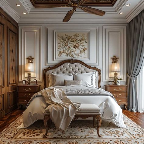 5+ Top Wall Panel Designs to Elevate Your Bedroom Decor Game • 333+ Images • [ArtFacade] Master Bedrooms Classic, American Classic Interior Bedroom, Master Bedrooms Decor Vintage, Neo Classical Interiors Bedroom, Classic Interior Bedroom, Princess Bedroom Aesthetic, Bedroom Suite Ideas, Victorian Bedroom Design, Contemporary Classic Bedroom