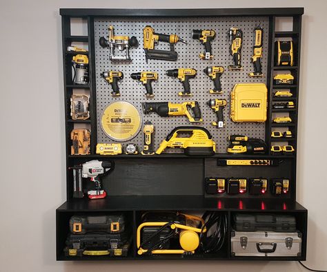 DIY Power Tool Storage W/ Charging Station: Let's build this awesome power tool wall storage system. I had to organize my power tools in my shop, and decided to design and build this wall storage unit. This woodworking project is pretty simple to make, all made from plywood and 1 piece of ... Tool Wall Storage, Diy Garage Storage Cabinets, Dewalt Power Tools, Power Tool Organizer, Garage Atelier, Wall Storage Systems, Tool Storage Cabinets, Stainless Steel Paint, Power Tool Storage