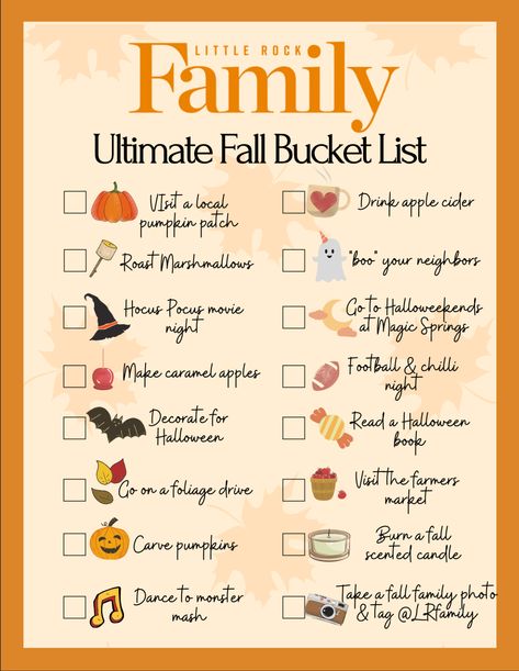 To usher in one of our favorite seasons, we made an ultimate bucket list for fall! Have fun crossing off these activities and feel free to add one or two of your own. #fallbucketlist #ultimate #fall #bucket #list #fallactivities #pumpkinpatch #hocuspocus #caramelapples #halloween #pumpkins #applecider #farmersmarket #familyphotos #lrfamily #printable Cheap Fall Activities For Adults, Fall Bucket List For Families, Halloween List Things To Do, September Bucket List, Halloween To Do List, Fall Activities For Adults, Fall Bucket List For Kids, Fall Bucket Lists, Seasonal Bucket List