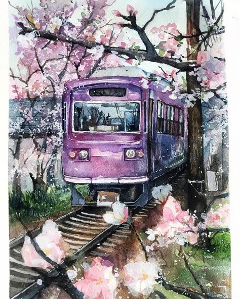 Themes in Watercolor Paintings Dreamy Watercolor Art, Painting In Watercolor, Train Painting Watercolor, Train Canvas Painting, Painting Ideas Watercolor Flowers, Best Water Colour Paintings, Water Colouring Painting, Watercolor Train Painting, Train Watercolor Painting