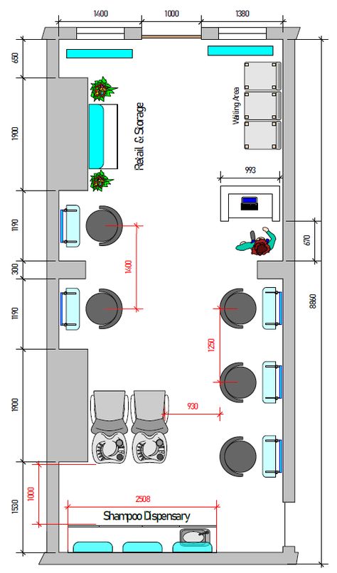 Free detailed drawing too scale with measurements. Helping any salon with #interiordesign ideas #salondesign #salonfurniture Salon Layout Plan, Container Hair Salon Design, Small Salons Layout, Small Hair And Beauty Salon Ideas, Beauty Salon Plan Layout, Hair Salon Color Bar Ideas, Outdoor Salon Ideas, Hair Salon Chairs Ideas, Saloon Designs Interiors