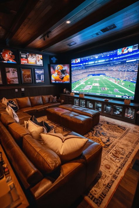 moody man cave for the football lover Dark Basement Tv Room, Home Snug Room Ideas, Sport Theme Basement Ideas, Modern Man Cave Ideas Interior Design, Cabin Style Basement, Games Room Basement, Media Room Ideas Modern, Cool Basement Ideas Man Caves, Cozy Dark Basement