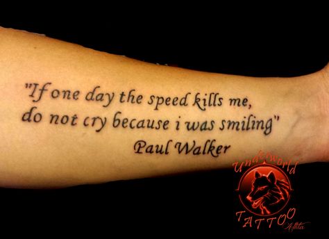 RIP Paul Walker #PaulWalker #tattoo Paul Walker Quotes Tattoo, Paul Walker Tattoo Ideas, Motorcycle Tattoo For Women, Paul Walker Tattoo, Fast And Furious Tattoo, Ride Or Die Tattoo, Mustang Tattoo, Hals Tattoo Mann, Beautiful Angel Tattoos