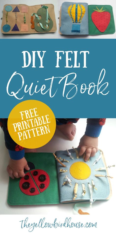 DIY Felt Quiet Book - Free Printable Pattern | The Yellow Birdhouse Diy Felt Quiet Book, Buku Diy, Diy Busy Books, Felt Quiet Book, Quiet Book Templates, Diy Quiet Books, Baby Quiet Book, Book Pattern, Quiet Book Patterns