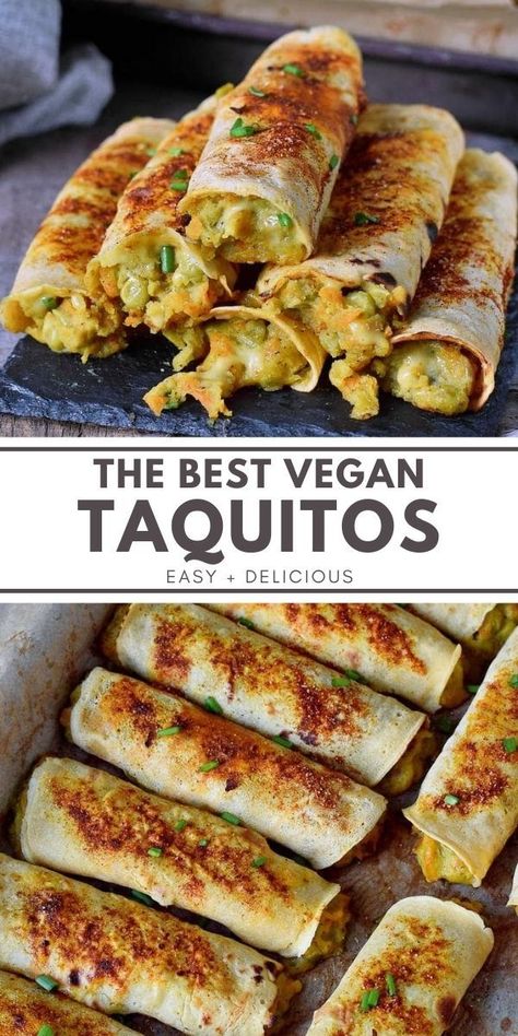 Crispy vegan baked taquitos which are super easy to make, gluten-free, and delicious. These meat-free flautas are filled with a hearty veggie mixture that is bursting with flavor. Enjoy this simple rolled taco recipe as a snack, dinner or side dish! #vegantaquitos #glutenfreetaquitos #veggietaquitos #vegetarian #elasrecipes | elavegan.com Vegan Taquitos, Vegan Diner, Baked Taquitos, Snack Dinner, Pasta Vegetariana, Vegetarian Recipes Dinner Healthy, Vegan Baked, Taco Recipe, Tasty Vegetarian Recipes