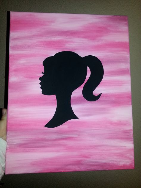 11x14 Pink Barbie Silhouette Painting $20  www.facebook.com/bellablisscreations Black Pink Canvas Painting, Barbie Painting Easy, Barbie Inspired Painting, Barbie Canvas Painting Ideas, Barbie Watercolor Painting, Barbie Aesthetic Painting, Barbie Painting Ideas On Canvas, Easy Barbie Painting, Pink Aesthetic Painting Easy