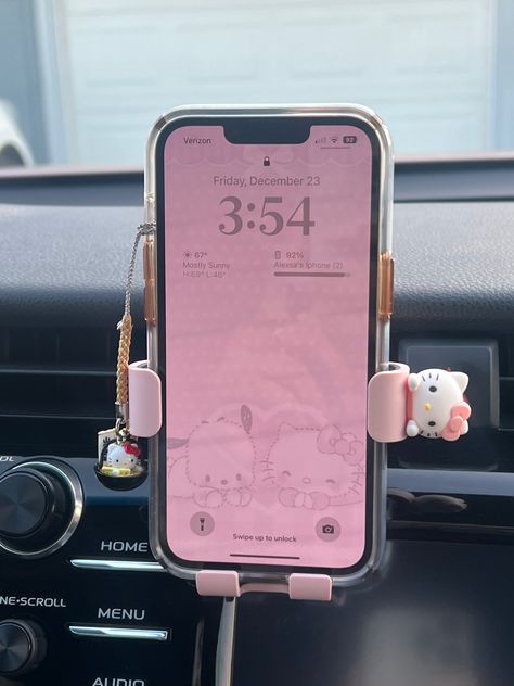 Hello Kitty Aesthetic Car, Korean Car Aesthetic, Comfy Car Aesthetic, Hello Kitty Car Decorations, Live In Car Ideas, Useful Car Gadgets, Pink Hello Kitty Car Interior, Rilakkuma Car Accessories, Sanrio Car Aesthetic