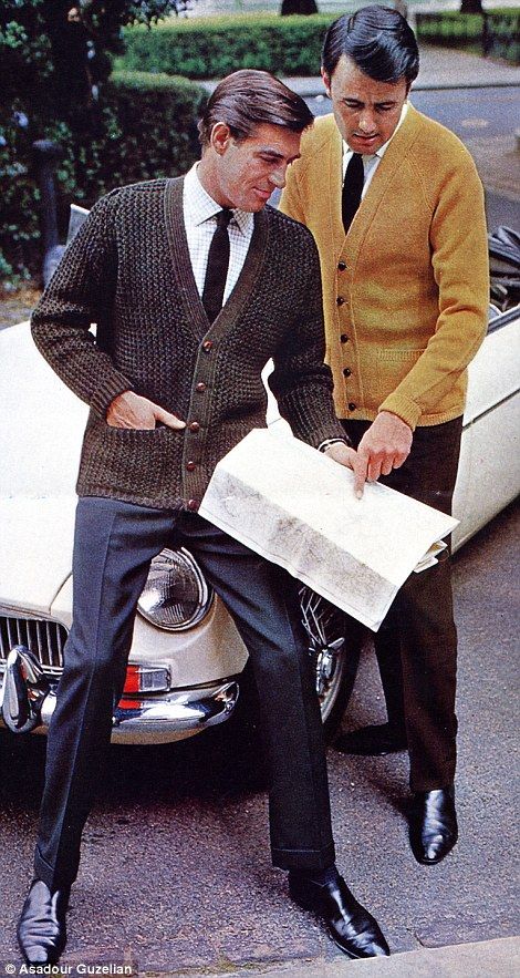 These men are pictured in a publicity shot in 1966 (left) wearing shirts, ties and knitted... 1968 Mens Fashion, 1967 Mens Fashion, 1960 Male Fashion, Late 60s Mens Fashion, 60s Fashion Male, Male 60s Fashion, Knit Fashion Men, Mens 60s Outfits, 1960s Male Fashion