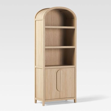 The 76” Modern 3 Shelf Open Arched Bookcase Cabinet from Saracina Home is the definition of functional beauty. This arched bookshelf offers practical storage and statement-making style, all in one beautiful piece. Three roomy shelves give you a place to showcase your favorite books and decor, while the lower closed storage space allows you to conceal your less polished belongings. Plus, oversized, curved wood handles elevate this modern design and accentuate the arch above. Made with durable MDF Light Wood Bookcase, Free Standing Bookcase, Japandi Bookcase, Tall Built In Cabinets, Arched Storage Cabinet, Arch Dresser, Walmart Bookshelf, Arch Bookshelf, Corner Shelf Diy