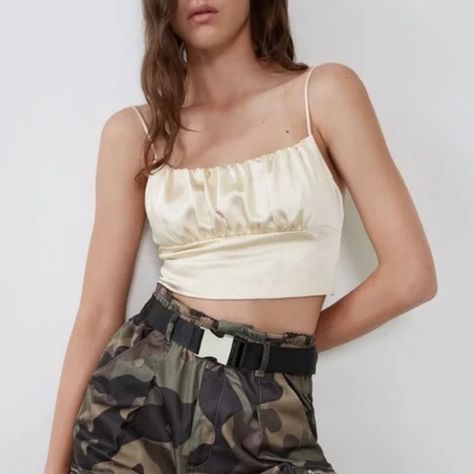 Zara Champagne Cream Gold Satin Spaghetti Strap Ruched Crop Top Size Xs Nwt - New With Tags Pit To Pit: 13” Yellow Corset, Pleated Crop Top, Polo Crop Top, Brown Corset, Camo Crop Top, Ruched Crop Top, Silk Crop Top, Blue Corset, Black Cropped Tank