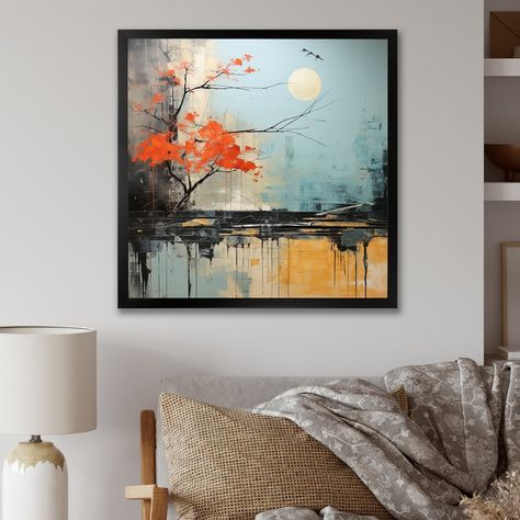 Designart "Grey Orange Asian Landscape II" Abstract Collages Framed Canvas Prints - Bed Bath & Beyond - 39142128 Beautiful Abstract Painting, Asian Landscape, Landscape Art Prints, Nature Art Drawings, Beautiful Abstract Art, Textured Canvas Art, Cool Art Projects, Abstract Art Landscape, Collage Frames