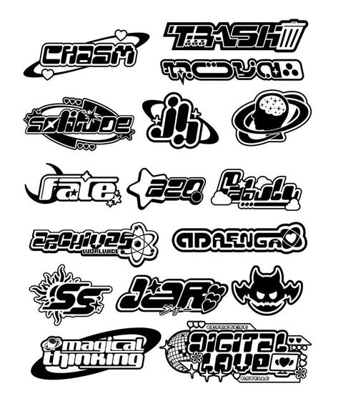 This Pin was discovered by Clàudia Ordaz. Discover (and save!) your own Pins on Pinterest Y2k Lettering Alphabet, Logo Design Inspiration Y2k, Y2k Graphic Design Shirt, Y2k Typography Font, Talent Agency Aesthetic, Y2k Font Alphabet, Y2k Logo Ideas, Logo For Edits, Streetwear Logo Ideas