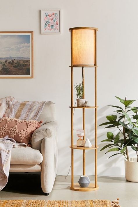 33 Beautiful Pieces Of Furniture And Decor That Are Surprisingly Cheap Feature Floor Lamp, Shelf Floor Lamp, Floor Lamp With Shelves, Floor Lamps Living Room, Apartment Furniture, Wooden Shelves, Lamps Living Room, Built In Storage, My New Room