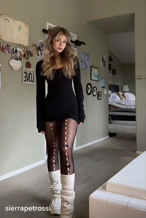 Cute Pantyhose Outfit, How To Style A Choker, Ribbon Tights Outfit, Lace Tights Outfit Grunge, Sweater Dress Outfit Aesthetic, Hourglass Style Guide, Fall Dresses Aesthetic, Torn Stockings Outfit, Goth Dress Outfit Ideas