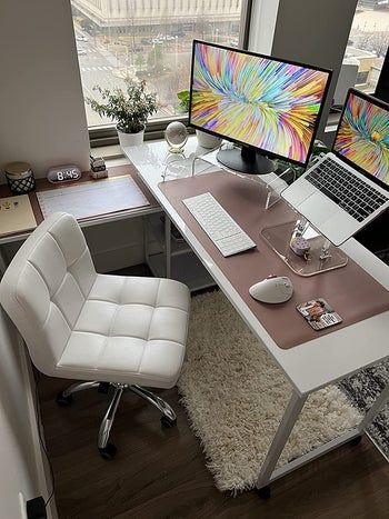 At Home Work Desk Office Ideas, Office Styling Ideas, New Home Office Ideas, Home Office Desk Two Monitors, Remote Work Aesthetic Home, Work Office Set Up, Work At Home Office Ideas, At Home Office Set Up, Remote Office Ideas