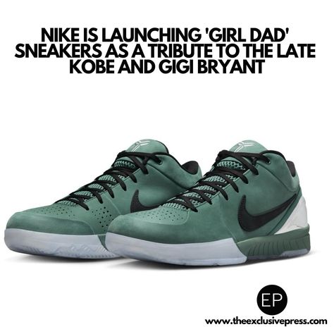 Nike is releasing “Girl Dad” sneakers in honor of basketball legend Kobe Bryant and his daughter Gianna “Gigi” Bryant, who died in a helicopter crash in January 2020. The Kobe 4 Protro “special edition” sneakers will be released on Friday, June 7th, featuring black shoelaces, the Nike swoosh logo, “Girl Dad” on the tongue, and Kobe Bryant’s signature. The green color is inspired by the late LA Lakers star’s iconic green beanine. The sneakers will feature Zoom cushioning technology for a m... Kobe Gigi, Kobe 4 Protro, Gigi Bryant, Kobe & Gigi, Nike Swoosh Logo, Dad Sneakers, Basketball Legends, Girl Dad, Swoosh Logo