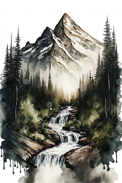 Nature, Waterfall From Mountain, Landscape Ideas Pencil Drawing, How To Draw A Waterfall, Japanese Waterfall Tattoo, Waterfall Drawings, Mountain Drawing Sketches, Waterfall Illustration, Bob Ross Landscape