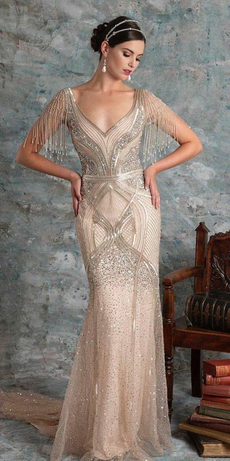 Vintage Wedding Dresses You Will Fall In Love ★ #bridalgown #weddingdress Gatsby Wedding Groomsmen, Real 1920s Fashion, 1930 Wedding Dress 1930s Style, Charleston Style 1920s, Vintage Wedding Dress 1920s Gatsby, Modern Great Gatsby Outfit, Roaring 20s Gown, 1920s Evening Gowns, Art Deco Gown