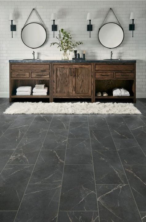 Bathroom vinyl tile flooring that's waterproof, stain resistant, dent proof. Looks like soapstone floors. #bathroom #flooring #vinyl #tile #marble #design #interior Luxury Vinyl Tile Flooring Bathroom, Vinyl Tile Flooring Bathroom, Mannington Adura, Best Bathroom Flooring, Bathroom Vinyl, Luxury Vinyl Tile Flooring, Vinyl Tile Flooring, Resilient Flooring, Flooring Trends