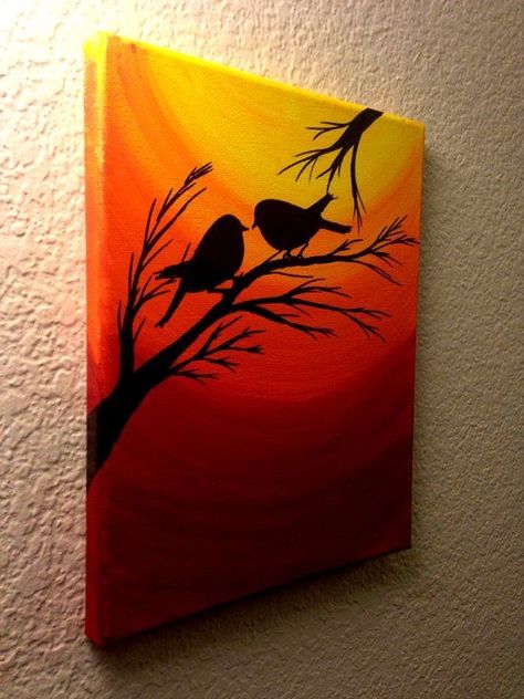 Tree Silhouette Art, Christmas Paintings On Canvas, Simple Canvas Paintings, Sunset Love, Oil Pastel Art, Easy Canvas Painting, Seni Cat Air, Small Canvas Art, Canvas Painting Diy