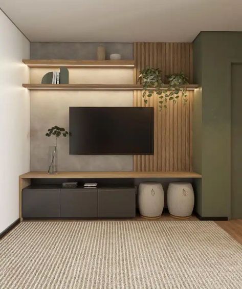 Loft Office And Tv Room, Accent Wall Boho Living Rooms, Tv Wall Design Floating Shelves, Faux Brick Tv Wall, Modern Rustic Tv Wall, Statement Tv Wall, Wood Slat Wall Behind Tv, Warm Wood Tones Living Room, Tv Wall Paneling Ideas