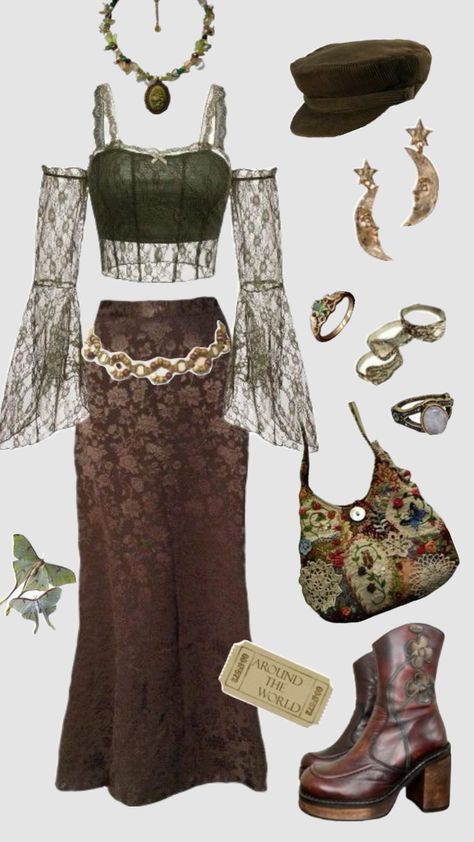 Boho outfit #boho #outfitinspo #vintage #hippie #fairycore Hippies, 70s Outfit Casual, Plant Aesthetic Outfits, Earthy Clothes Aesthetic, Witchy Spring Outfits, Vintage Core Outfits, Witch Aesthetic Clothes, Boho Witch Outfits, Boho Aesthetic Outfits