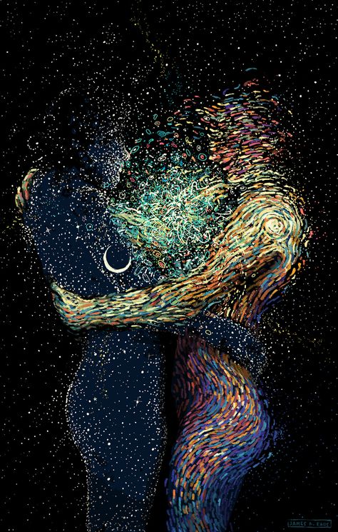 Swirling Illustrations by James R. Eads Explore Human Connections and the Natural World | Colossal James R Eads, Twin Flame Art, Soulmate Connection, Sensory Art, Flame Art, Couple Painting, Spiritual Love, Spiritual Artwork, Soul Connection