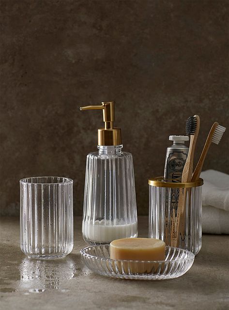 Water Room, Glass Bathroom Accessories, Glass Accessories, Gold Bathroom Accessories, Laundry Baskets, Gold Bathroom, Soap Pump, Glass Bathroom, Gold Accent