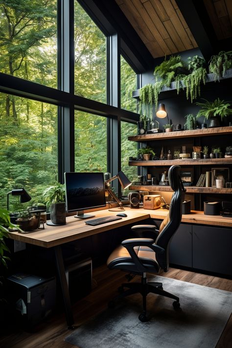 Rustic Office Desk Ideas, Office In The Woods, Rustic Study Room Ideas, Nature Home Office, Forest Desk Setup, Bedroom Ideas For Gamers, Farmhouse Office Space, Rustic Office Ideas, Tech Home Office