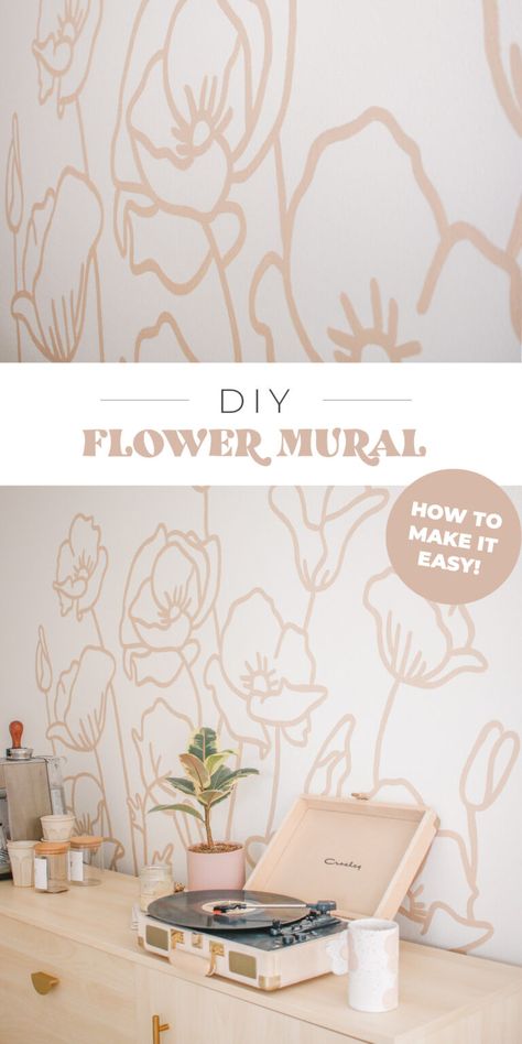 Flower Wall Stencil Bedrooms, Girls Room Flower Wall, Laundry Room Mural Ideas, Nursery Diy Mural, Paint Rooms Ideas, Diy Floral Wall Paint, Diy Paint Flowers On Wall, Painted Flower Wall Nursery, Wildflower Wall Mural Diy