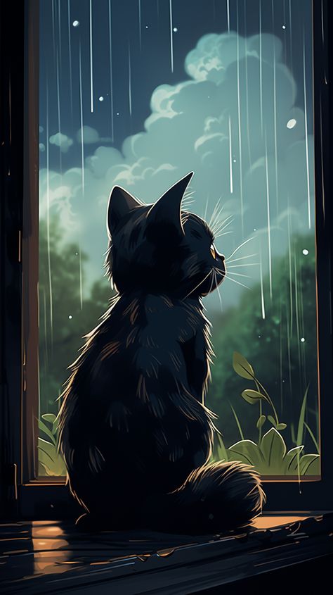 Cat In Rain Drawing, Black Cat Sitting Drawing, Cat Rain Aesthetic, Cat In Window Illustration, Black Cat Looking Out Window, Cat Sitting Illustration, Rain Art Drawings, Anime Cat Wallpaper, Cat In Rain