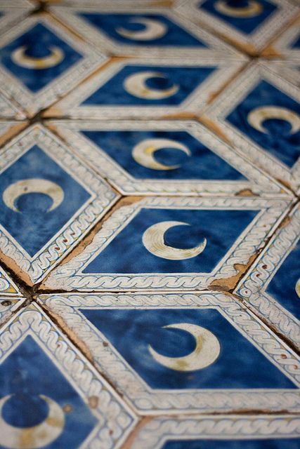 Blue, Gold, and Taupe Crescent Moon Tiles | Jehane Remodels, Siena, Delft, Ivy House, Surf Shack, Boho Home, Ravenclaw, 인테리어 디자인, تصميم داخلي