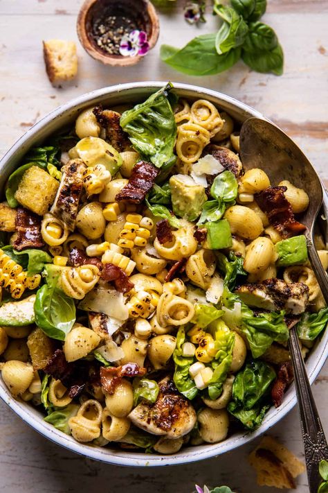 Pesto Chicken, Corn, and Avocado Bacon Pasta Salad | halfbakedharvest.com Half Baked Harvest Pesto, Pasta Salad Half Baked Harvest, Salad Half Baked Harvest, Sunday Family Dinner Ideas, Protein Pasta Salad, Bacon Pasta Salad, Salad Recipes Healthy Lunch, Avocado Bacon, Half Baked Harvest Recipes