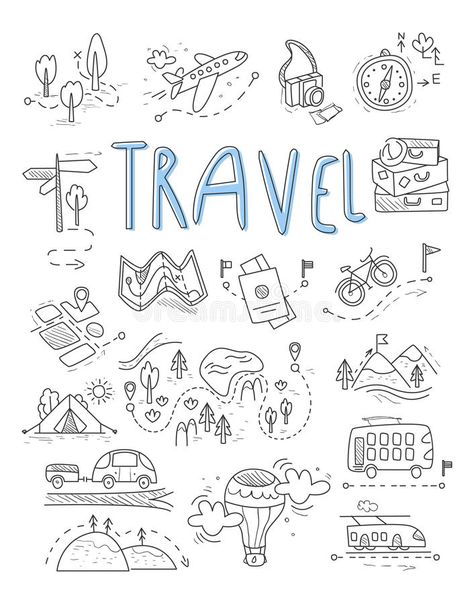 Road Trip Doodles, Logo Voyage, Travel Doodles, Camping Icons, Travel Journal Pages, Tree Doodle, Bullet Journal Travel, Zestaw Ikon, Travel Journal Scrapbook