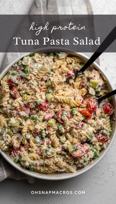 This tuna pasta salad is loaded with colorful veggies, high protein noodles and high quality tuna. All tossed in a yogurt cream sauce that is sure to wow your next bbq. Easy to make and great for leftovers, this pasta salad is a must have on your summer menu. Yogurt Cream Sauce, Tuna Lunch, Protein Pasta Salad, Protein Noodles, Tuna Pasta Salad Recipes, High Protein Pasta, Tuna Pasta Salad, Colorful Veggies, Tuna Salad Pasta