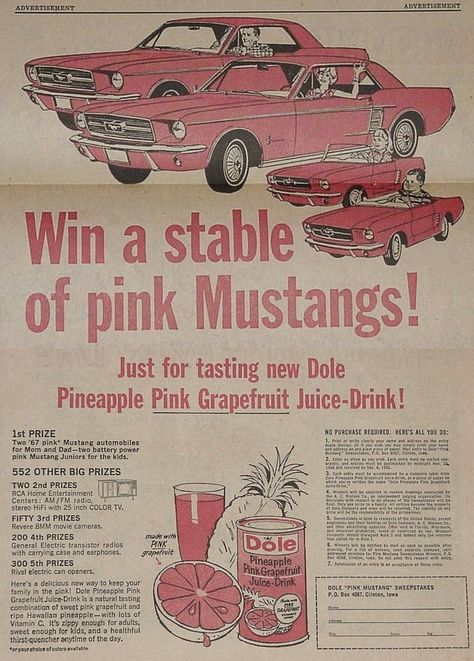 Dole Pink 1967 Mustang Contest Ad Tumblr, Mustang Poster, Pink Mustang, Automotive Advertising, Black Mustang, 1967 Ford Mustang, Classic Mustang, Pink Posters, Vintage Americana