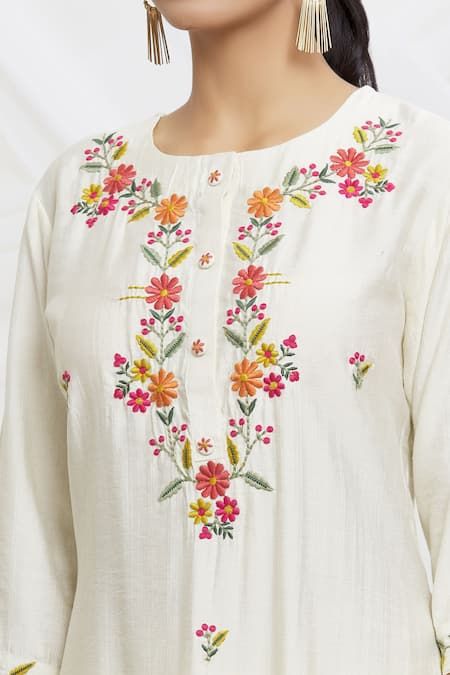 Buy Cream Kurta And Pant Viscose Rayon Embroidered Thread Straight Set For Women by Samyukta Singhania Online at Aza Fashions. Yoke Designs, Kurta Embroidery, Kurti Sleeves, Pakistani Party Wear Dresses, Crewel Embroidery Patterns, Kurti Embroidery, Kurti Sleeves Design, Pola Bordir, Silk Sarees With Price