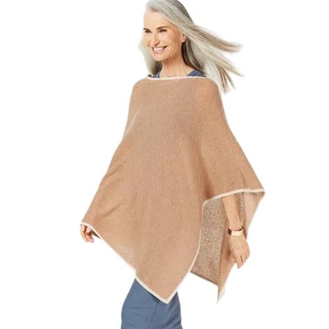Charter Club Pure Cashmere Contrast-Trim Poncho Heather Camel Os ***Womens New - No Flaws To Note 100% Cashmere Dry Clean Club Dresses, Ponchos, Mod Look, Club Sweaters, Cashmere Poncho, Rib Knit Cardigan, New Dresses, Charter Club, Contrast Trim