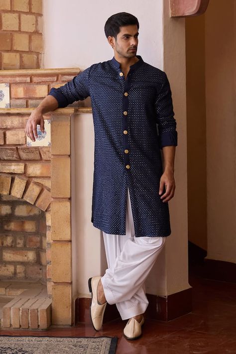 Navy blue kurta with thread and sequin embroidery. Paired with an ivory salwar. - Aza Fashions Couture, Blue Kurta Men, Navy Blue Kurta, Blue Kurta, Dia Mirza, Kurta Men, Sequin Embroidery, Luxury Sale, Sequins Embroidery