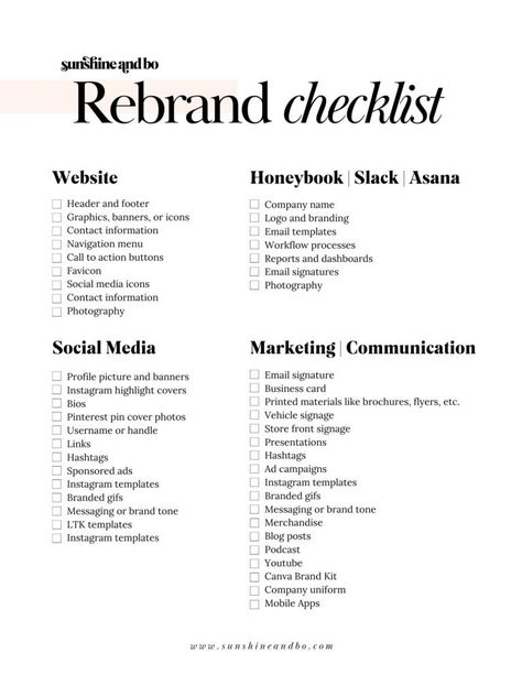 Personal Branding Checklist, Branding Checklist Small Businesses, Rebranding Your Business, Branding For Business, Rebranding Business Ideas, Clothing Brand Checklist, How To Rebrand, Brand Identity Checklist, How To Rebrand Your Business